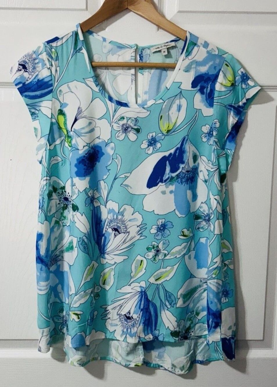 Rose & Thyme Women's Size XL Scoop Neck Cap Sleeve Floral Blouse Top Keyhole